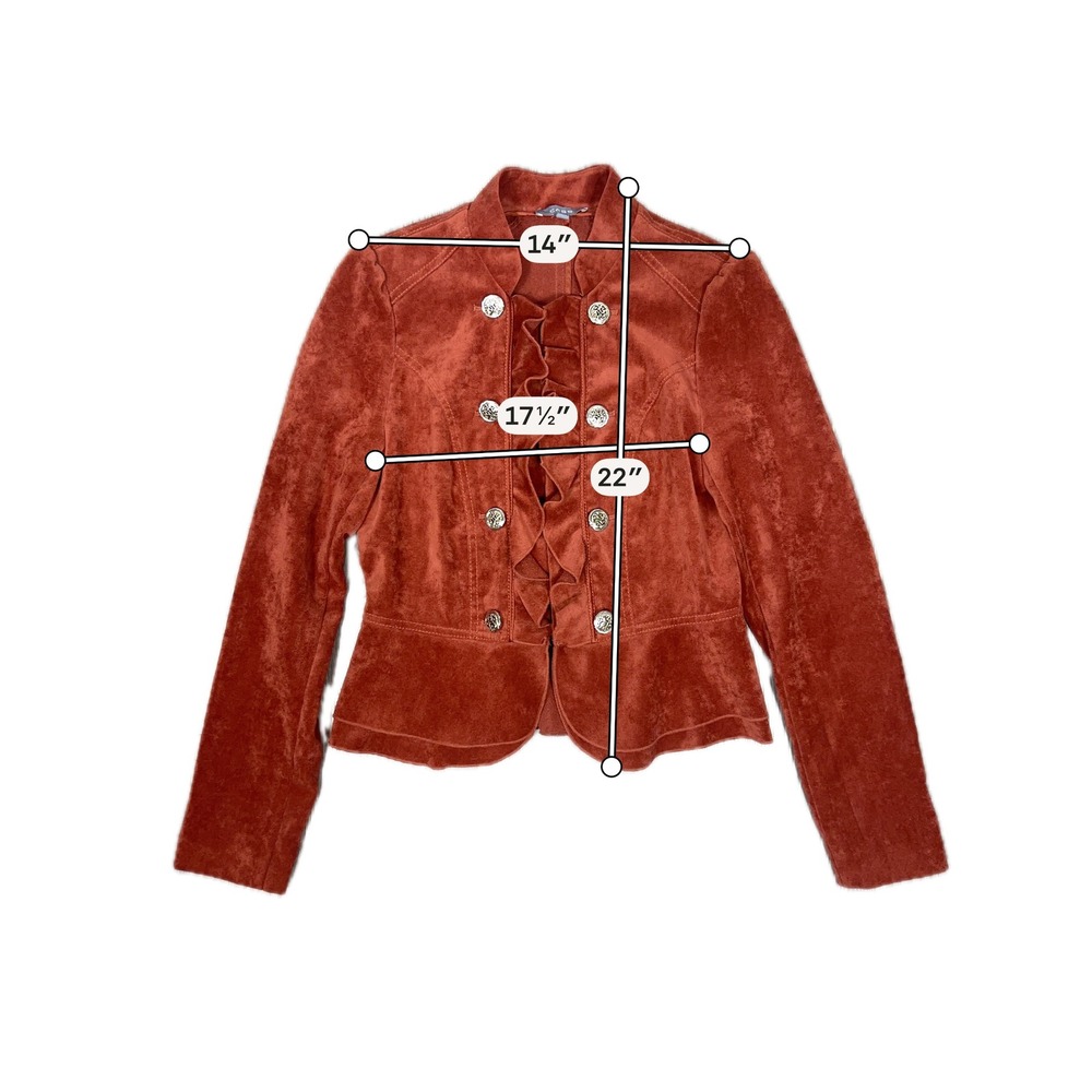 Cass Rust Military Style Jacket - SIZE S Ruffle Velvet Gold Buttons Lightweight - Picture 7 of 7